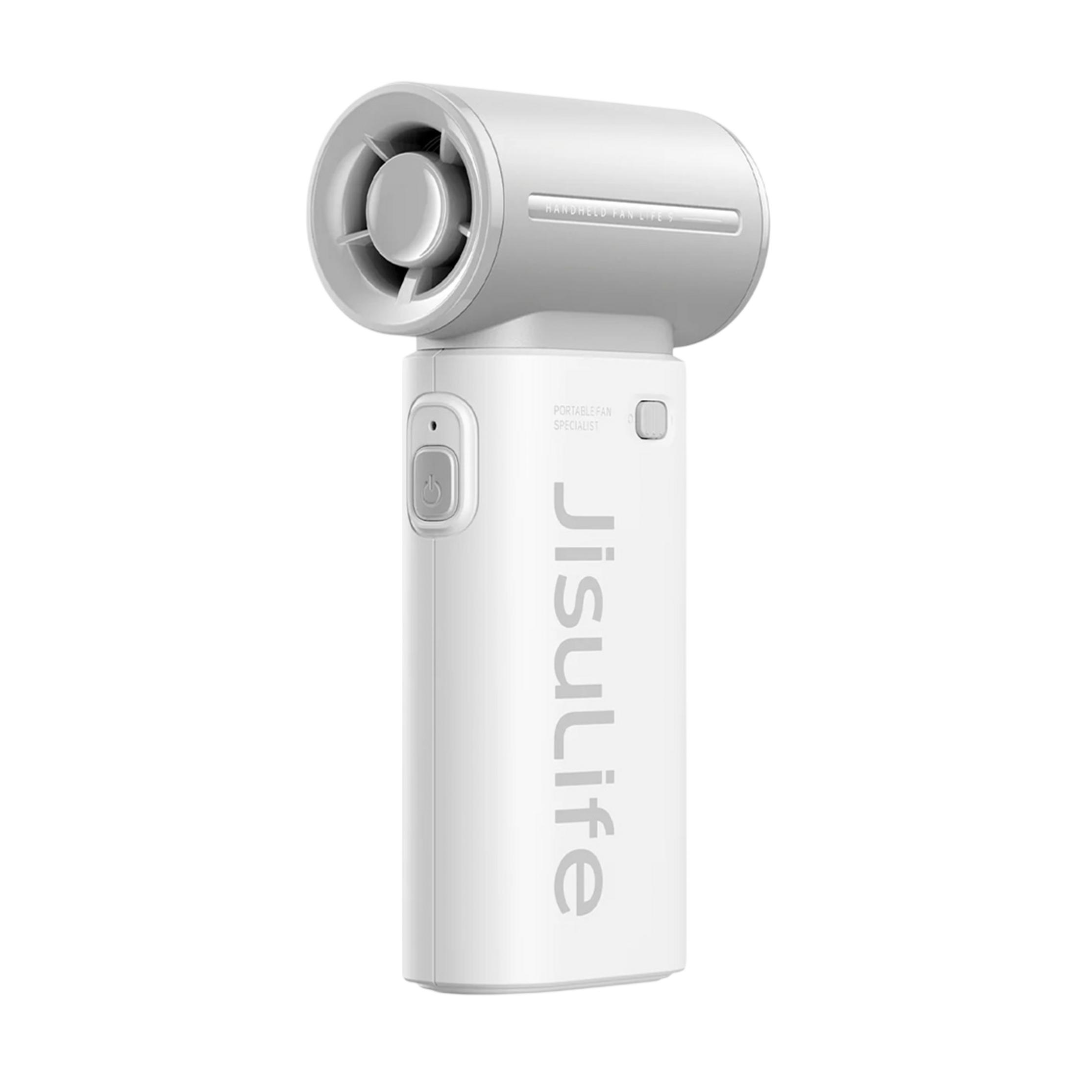 Un ventilatore portatile bianco Jisulife con pulsante di accensione grigio.