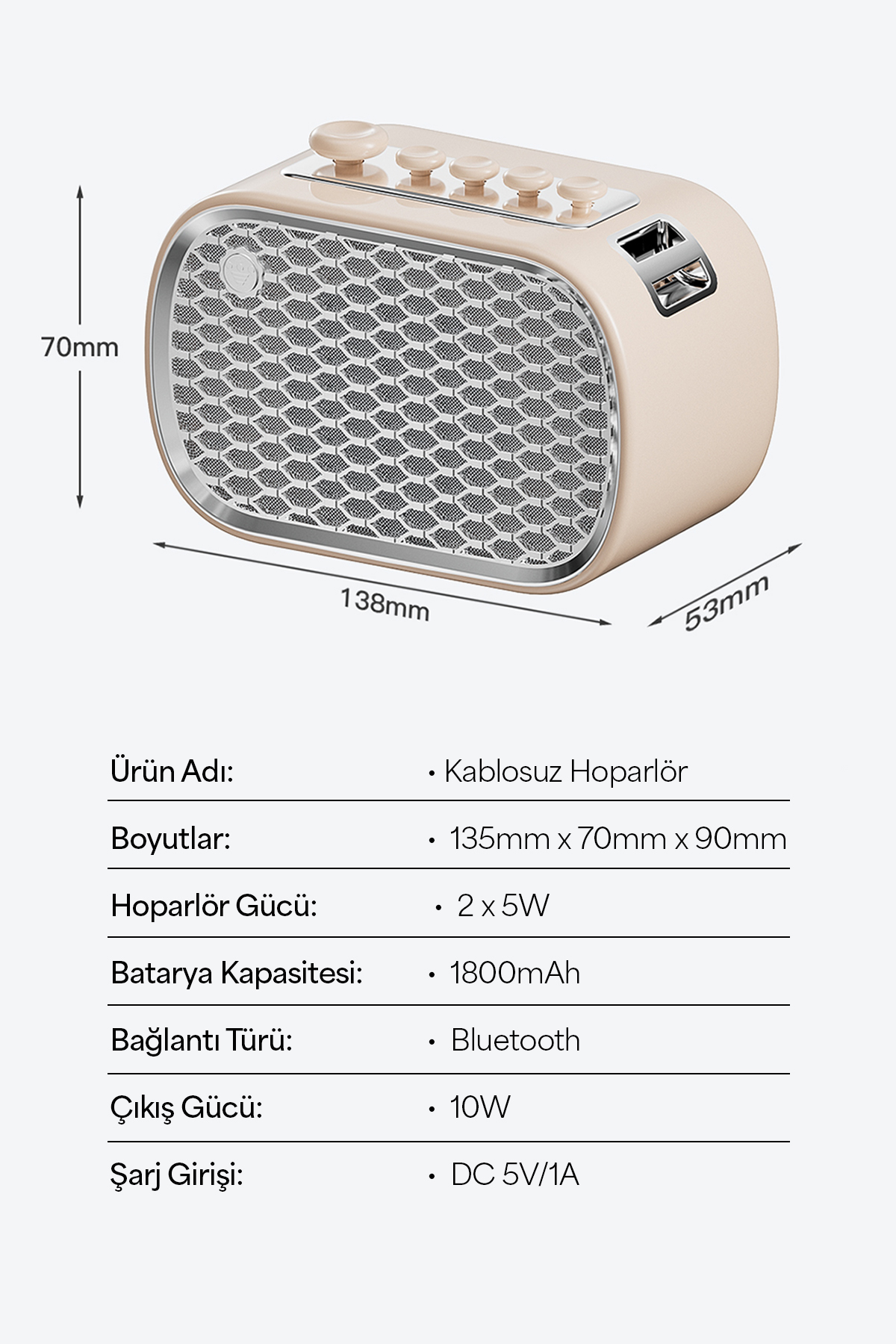 Metal ızgaralı ve düğmeli bej hoparlör, boyutları gösterilmiş.