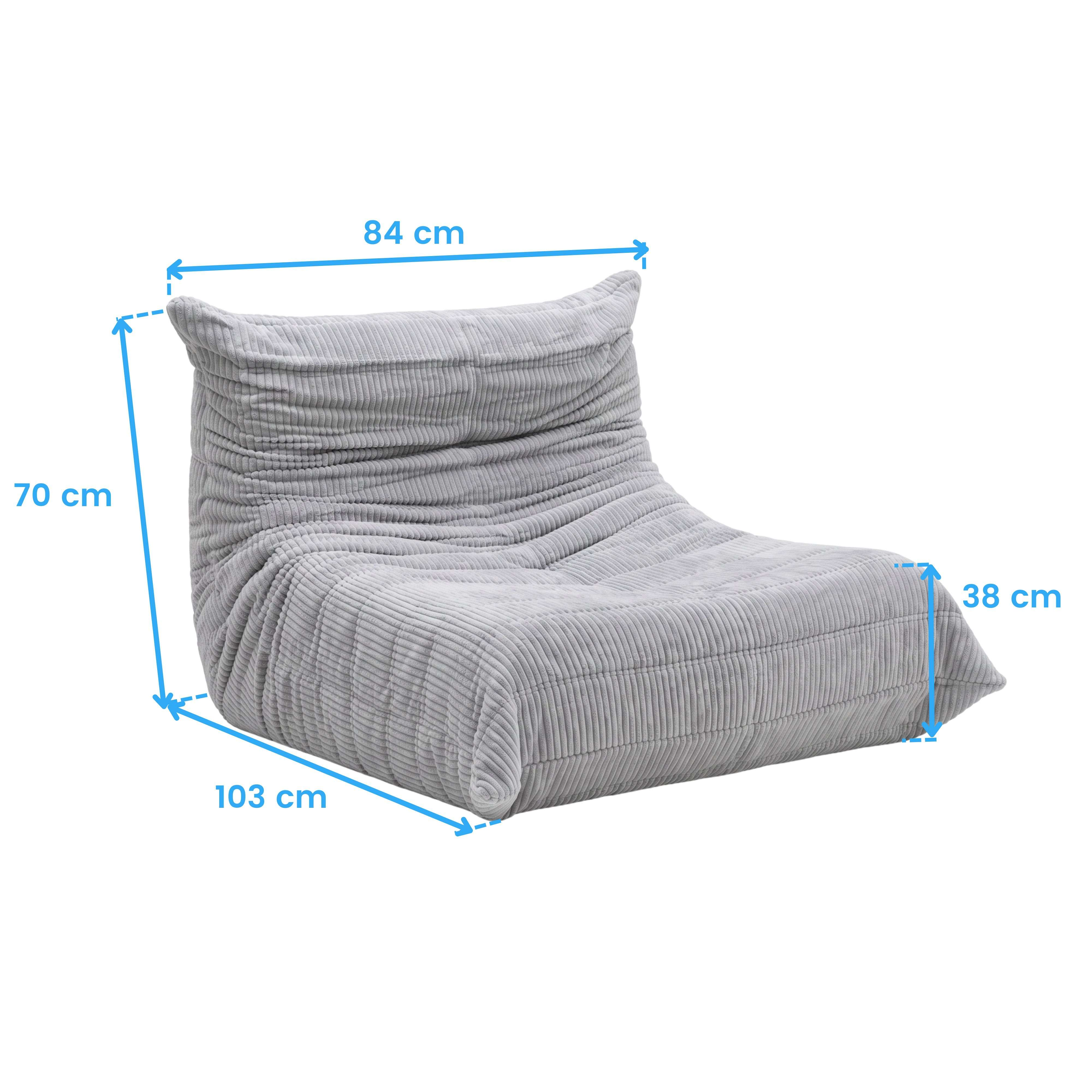 Puf de pana gris con dimensiones 103x84x70 cm, altura 38 cm.