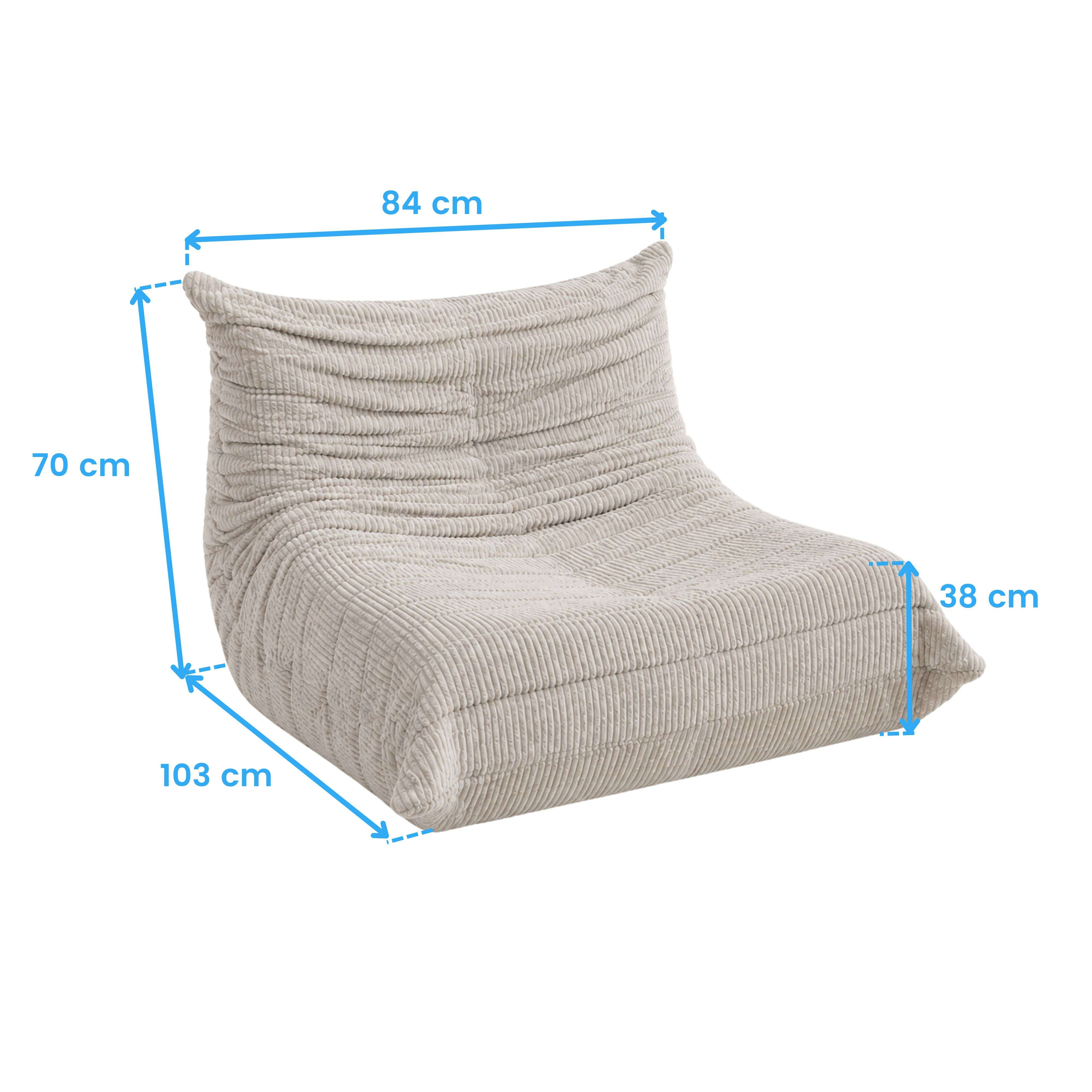 Puf de pana gris claro. Dimensiones: 84x103x70 cm (ancho x fondo x alto).