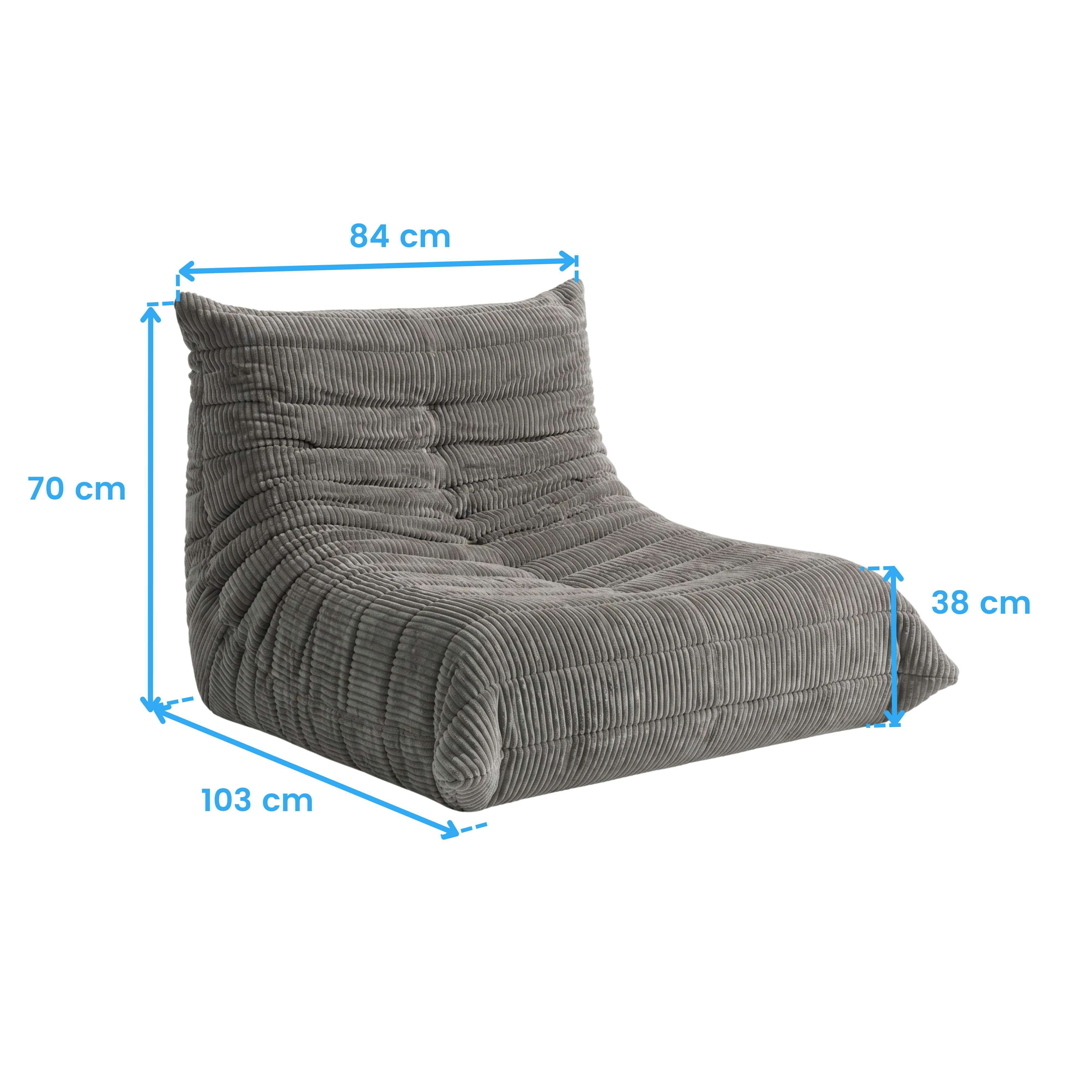 Puf de pana gris, 84x70x103 cm, altura de asiento de 38 cm.
