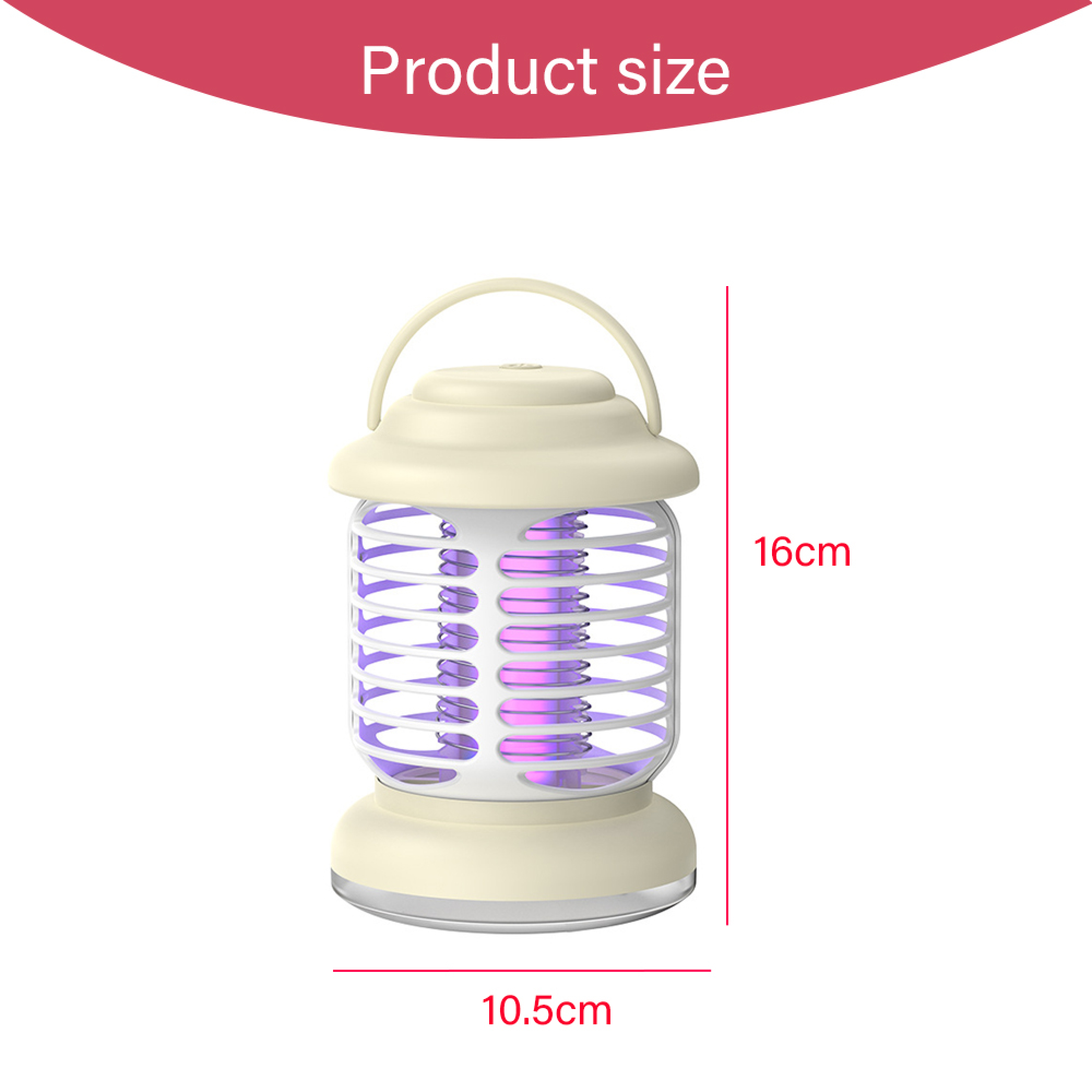 Ein cremefarbener Insektenvernichter mit lila Licht, 16 cm hoch und 10,5 cm breit.