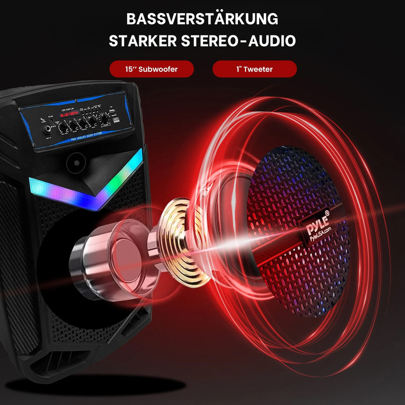 Schwarzer Lautsprecher mit 15" Subwoofer und 1" Tweeter, rote Schallwellen.