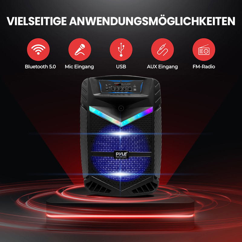 Schwarzer Lautsprecher mit bunten Lichtern, Bluetooth, Mikrofon, USB, AUX, Radio.