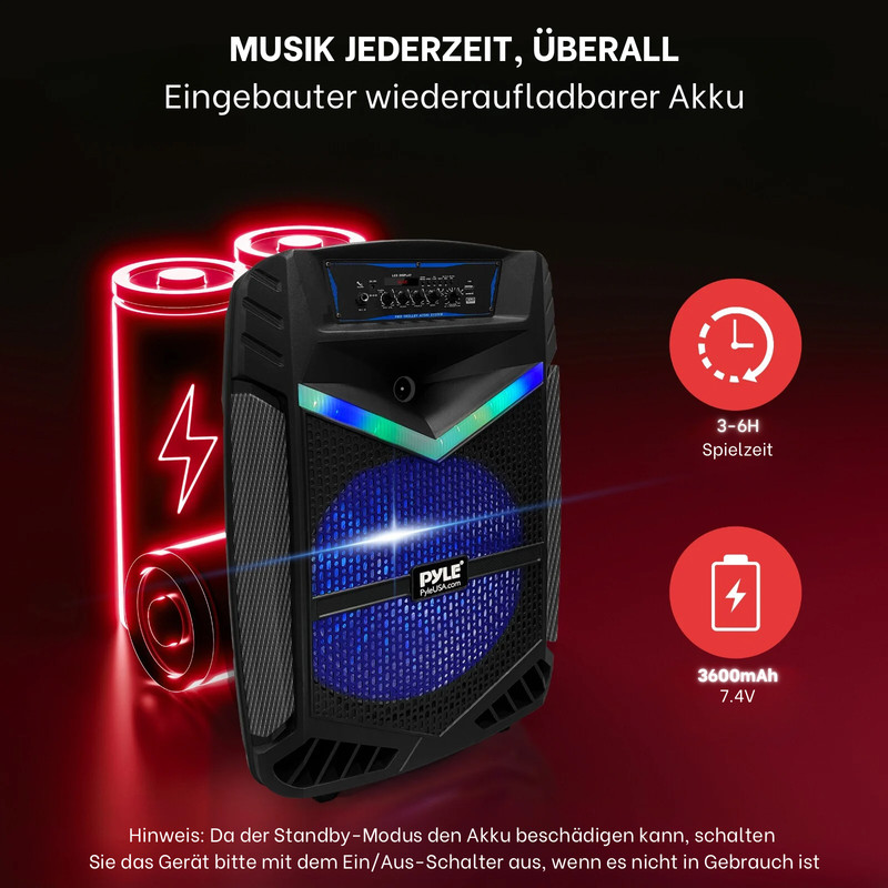 Ein tragbarer Lautsprecher mit beleuchtetem blauen Lautsprecher, zwei Batterien und Icons.