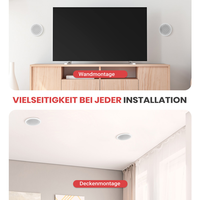 Wand- und Deckenlautsprecher in Wohnzimmerumgebungen. Wandmontage über dem Fernseher, Deckenmontage im Raum.
