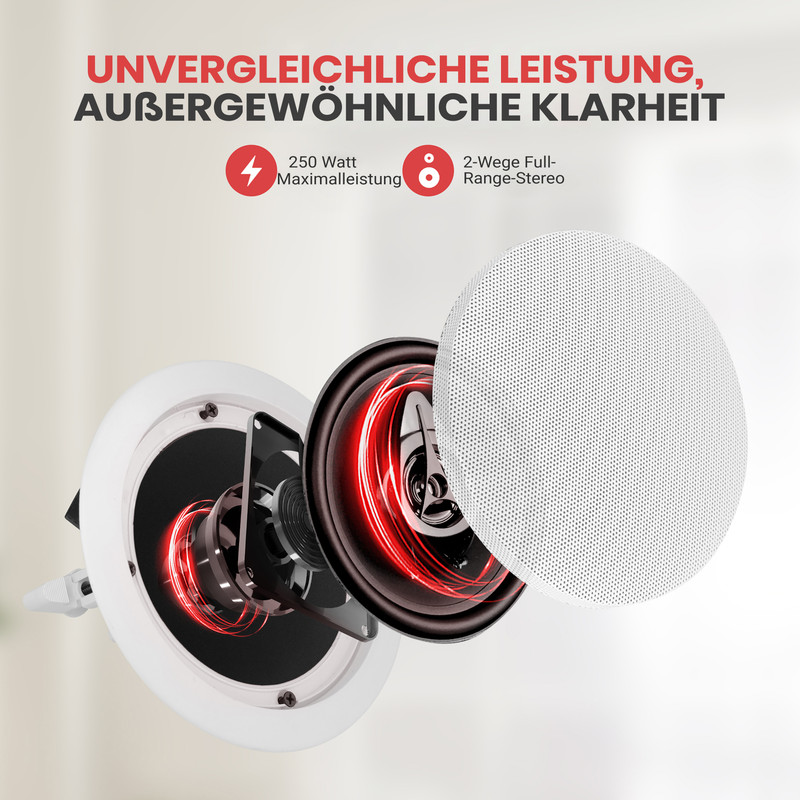 Explosionszeichnung eines Deckenlautsprechers mit hervorgehobener Membran und Magnetspule.