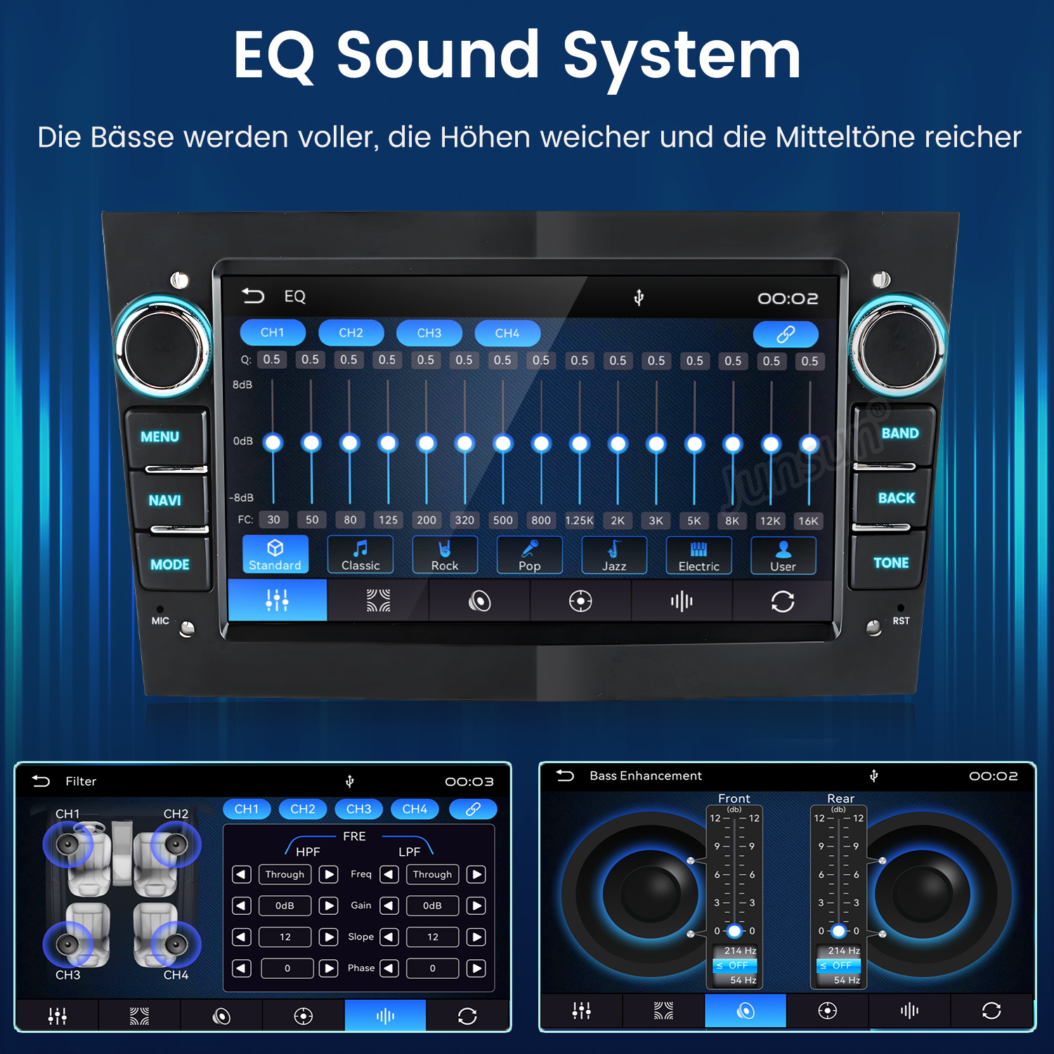 Ein Autoradio mit EQ-Einstellungen, Filter und Bass-Anzeige.