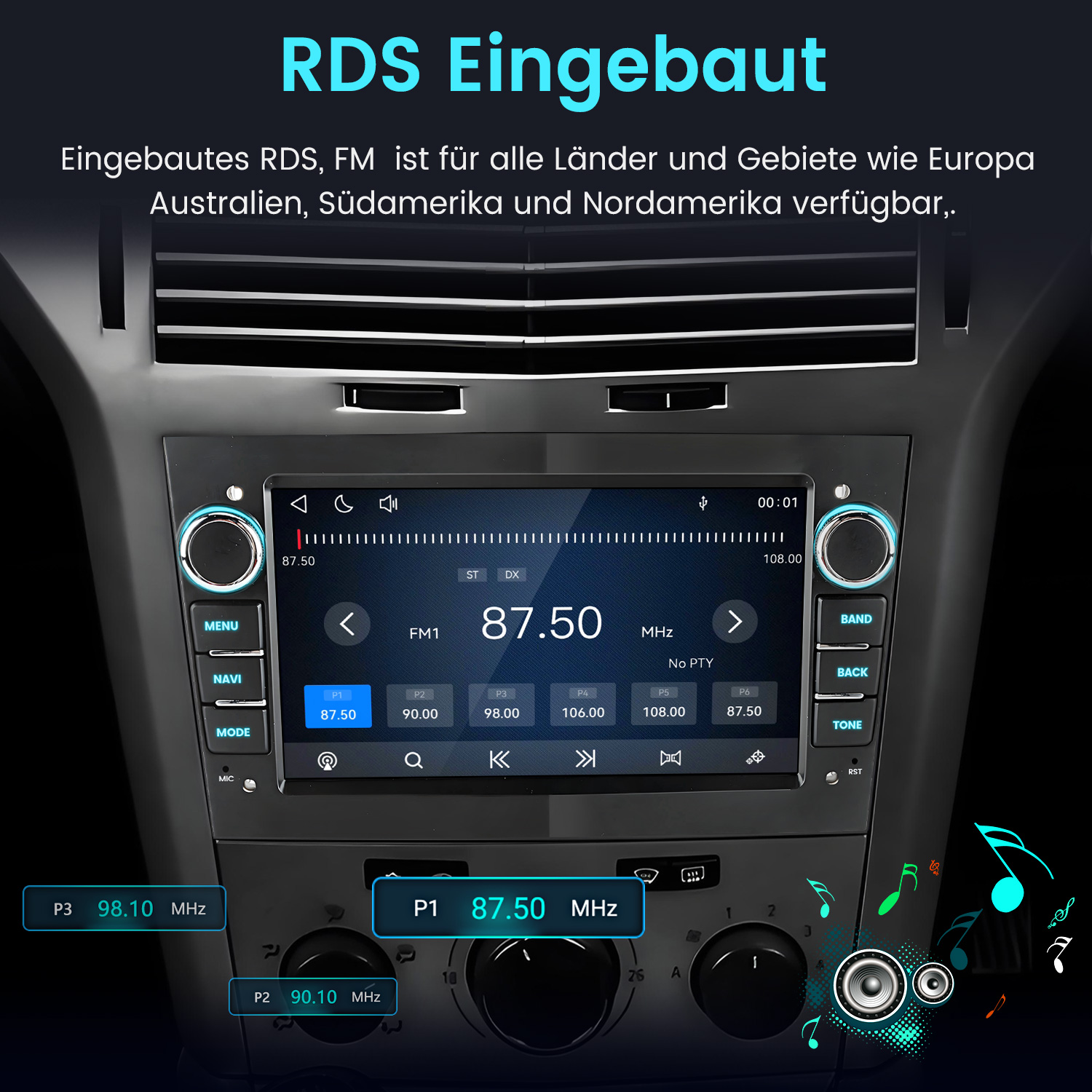 Ein Autoradio mit Touchscreen zeigt FM1 87.50 MHz an. Knöpfe sind links, rechts und unten.