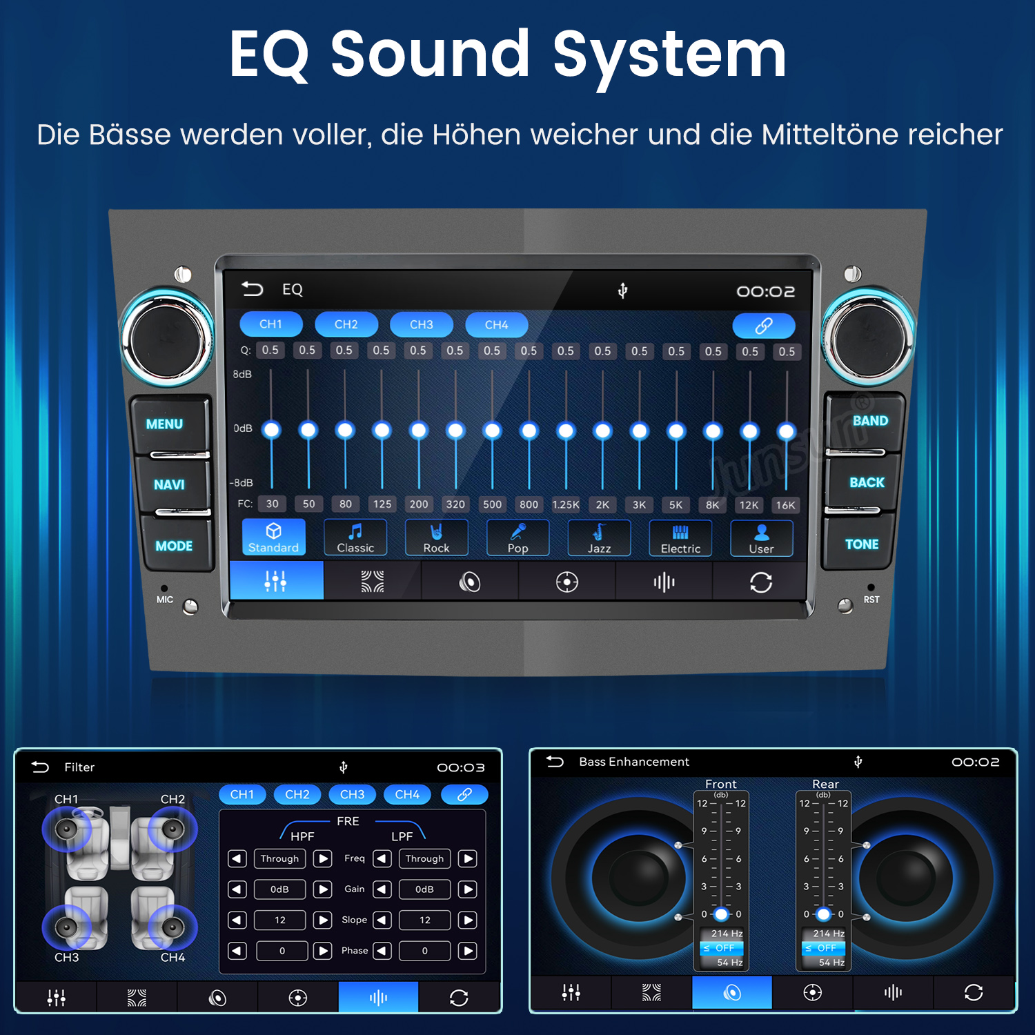 Ein Autoradio-Display mit EQ-, Filter- und Bass-Einstellungen. Zwei Ansichten sind sichtbar.