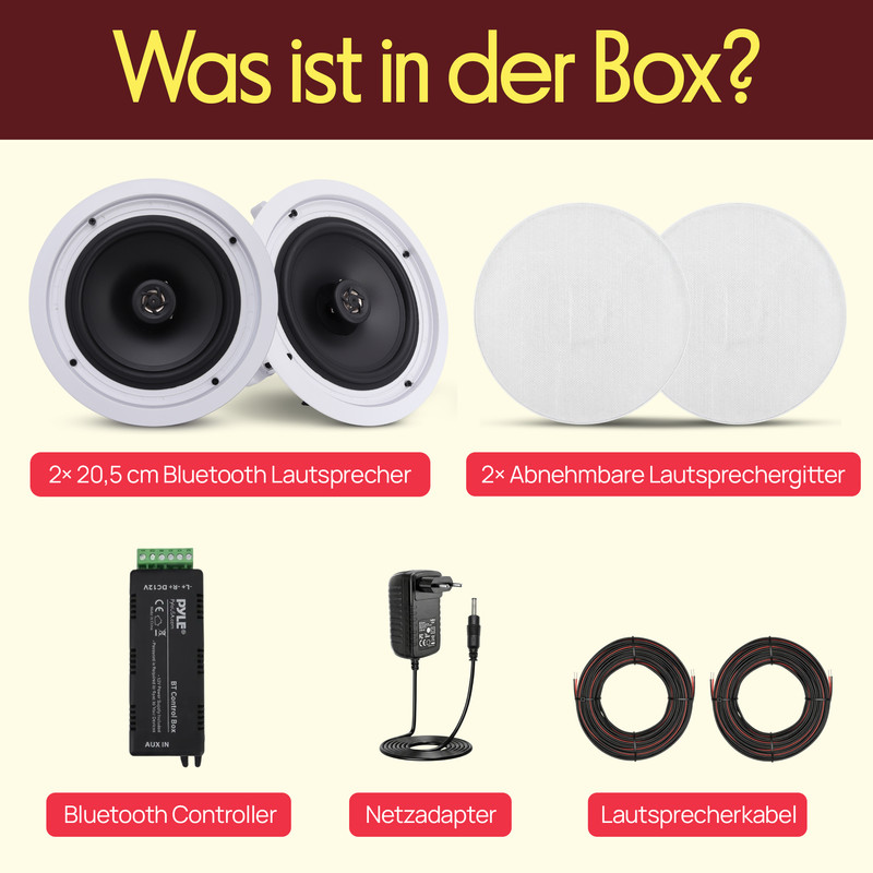 Inhalt der Box: 2 Lautsprecher, 2 Gitter, 1 Controller, 1 Netzadapter, 2 Kabel.