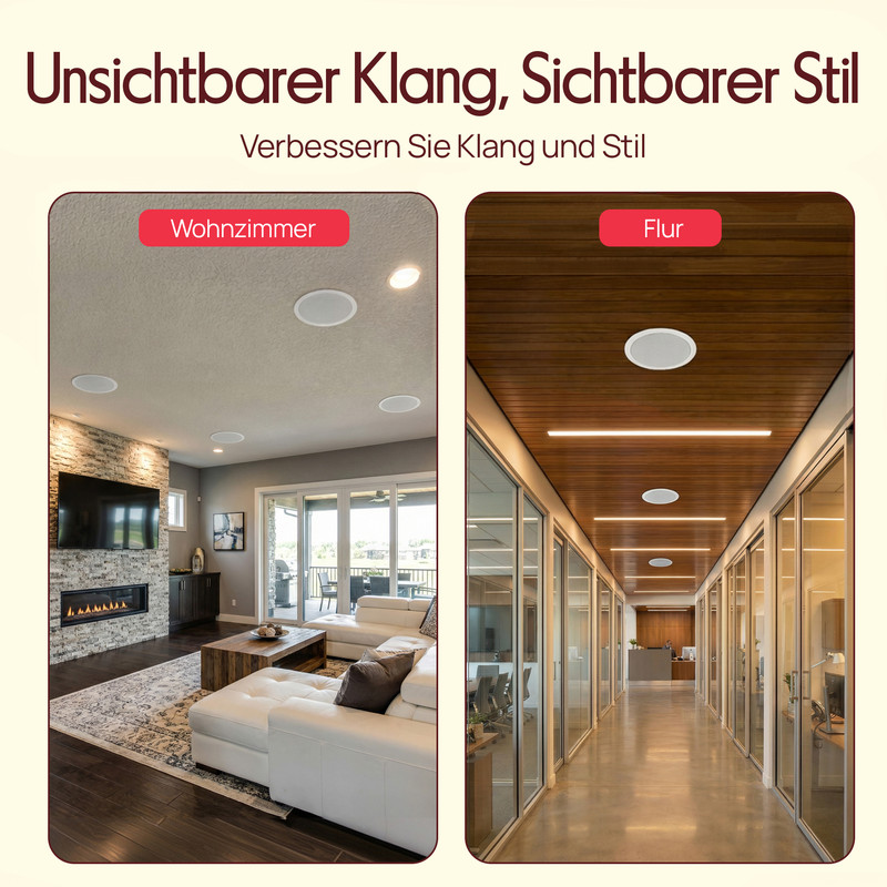 Wohnzimmer mit Deckenlautsprechern und Flur mit Holzakzenten und integrierter Beleuchtung.