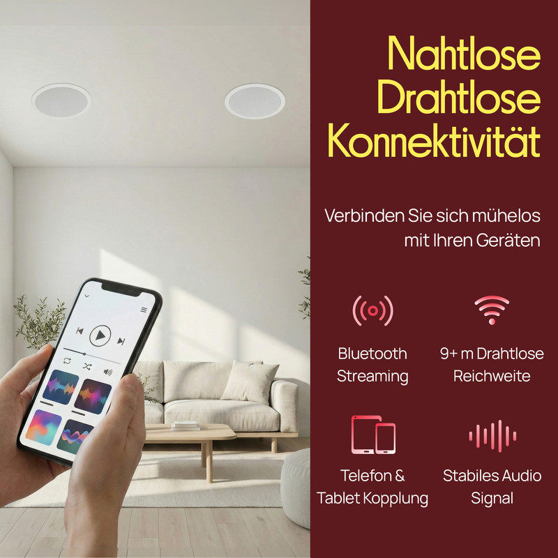 Ein Smartphone steuert zwei Deckenlautsprecher. Features: Bluetooth, 9m Reichweite, Kopplung mit Telefon/Tablet.