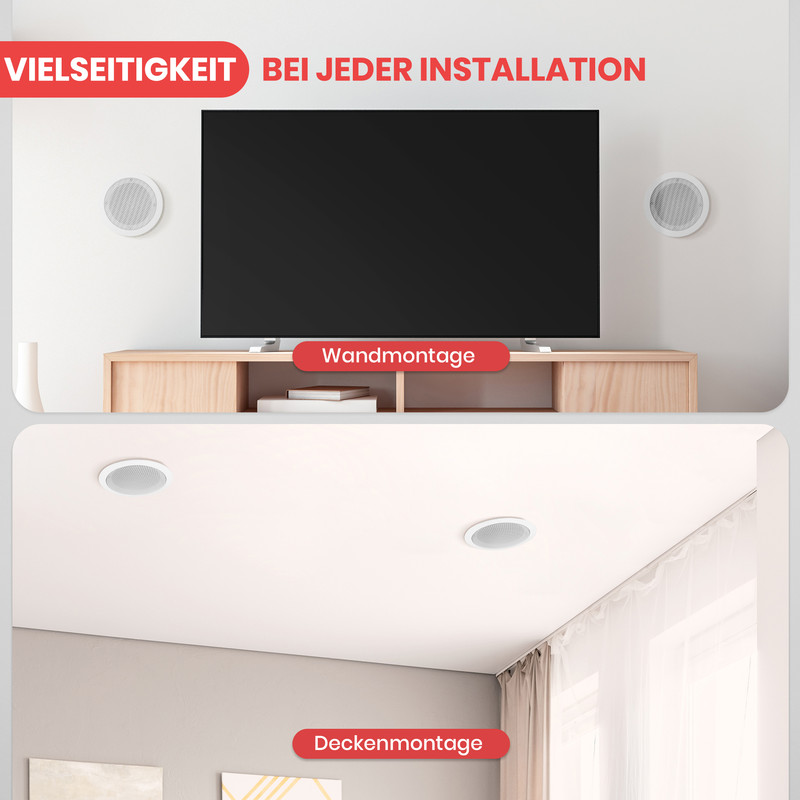 Lautsprecher an Wand und Decke montiert, neben einem Fernseher.