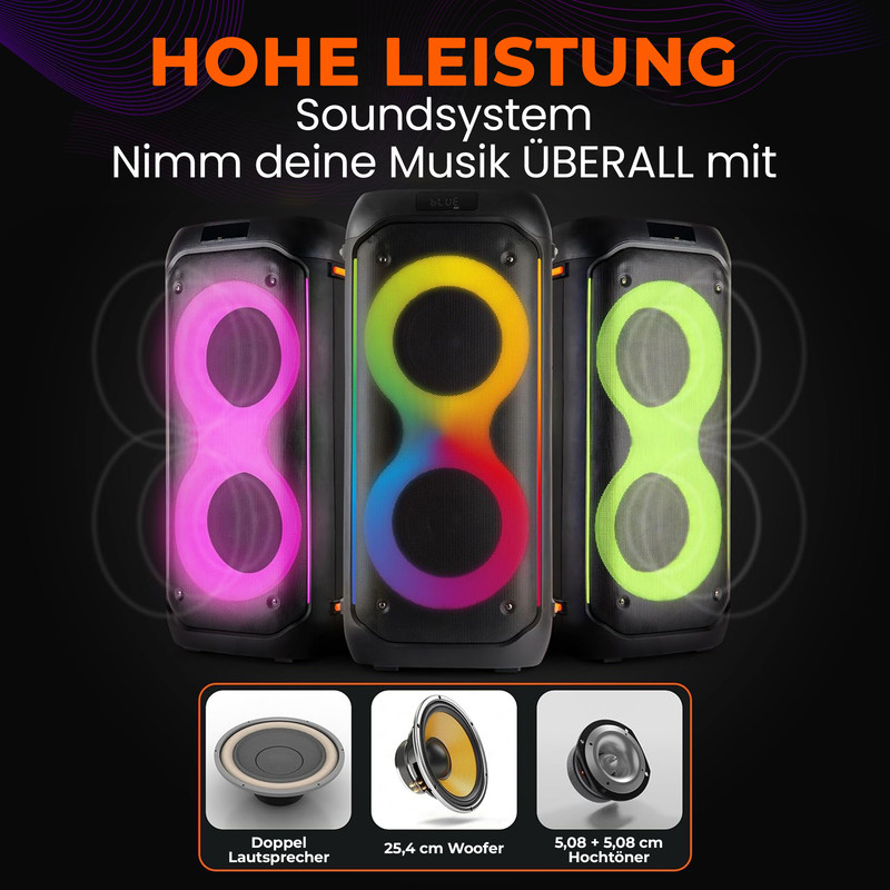 Drei leuchtende Lautsprecher mit Farbwechsel. Unten sind drei Lautsprecherkomponenten abgebildet.