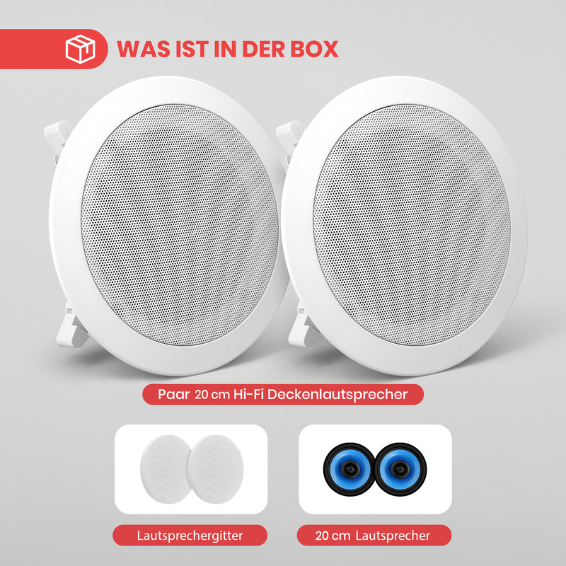 Zwei weiße Einbau-Deckenlautsprecher mit Gittern und Treibern.