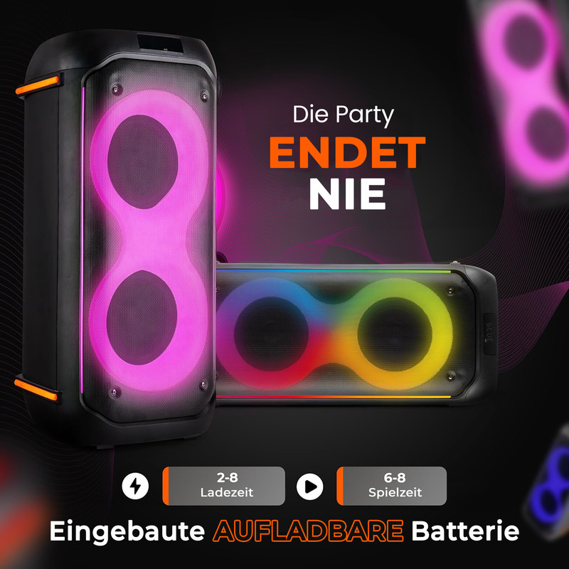Zwei Party-Lautsprecher mit bunten Lichtern, Ladezeit 2-8h, Spielzeit 6-8h.