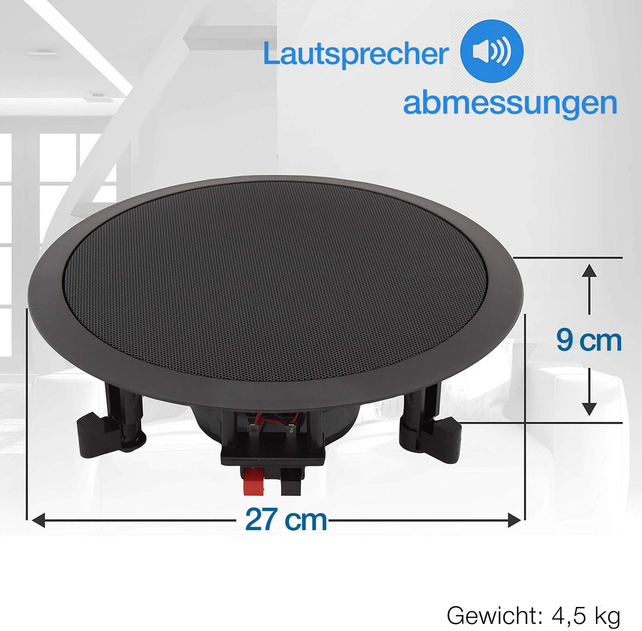 Ein runder, schwarzer Einbaulautsprecher mit 27 cm Durchmesser und 9 cm Tiefe.