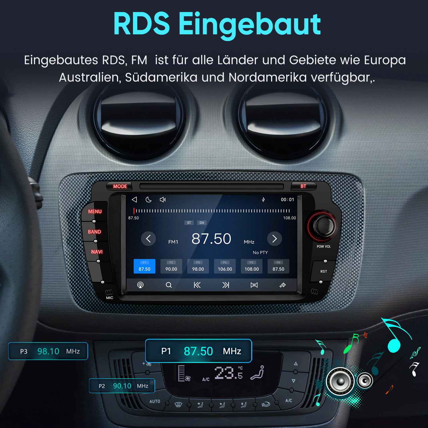 Einbau-RDS/FM-Autoradio mit Touchscreen und Bedienelementen. Unten Klimasteuerung.