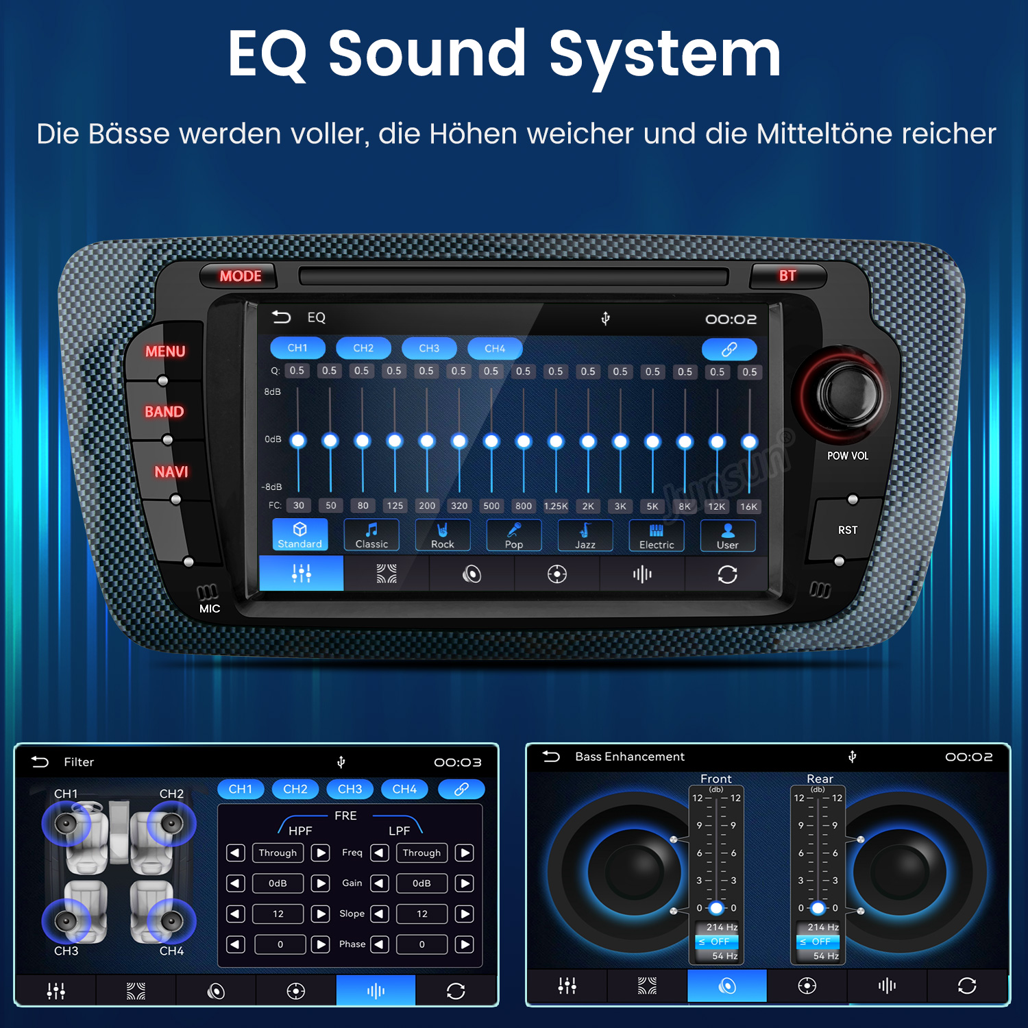Ein Autoradio-Bildschirm mit EQ-Einstellungen, Lautsprechereinstellungen und Bassanhebung.