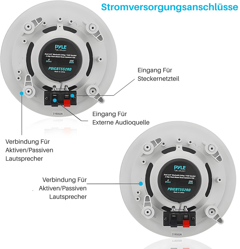 Zwei weiße Lautsprecher mit Anschlüssen für Stromversorgung und Audioquelle.