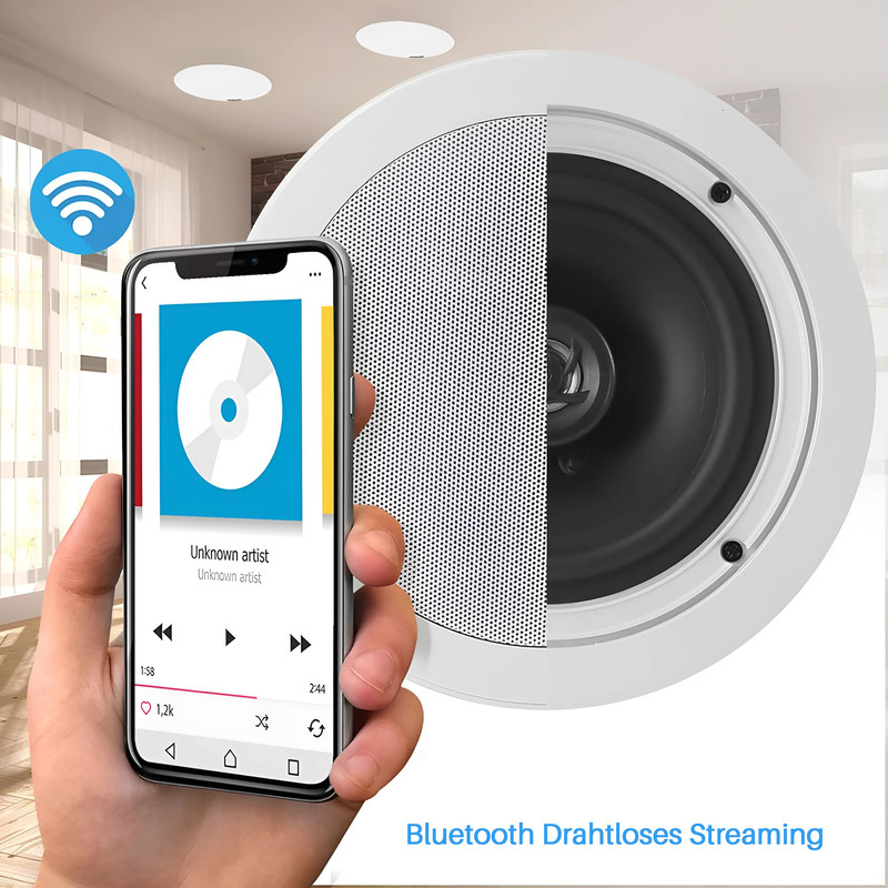 Ein Smartphone zeigt Musik; daneben ist ein weißer Deckenlautsprecher.