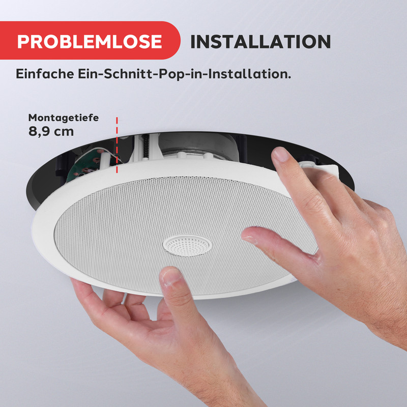 Hände installieren einen weißen Deckenlautsprecher. Text lautet "Problemlose Installation".
