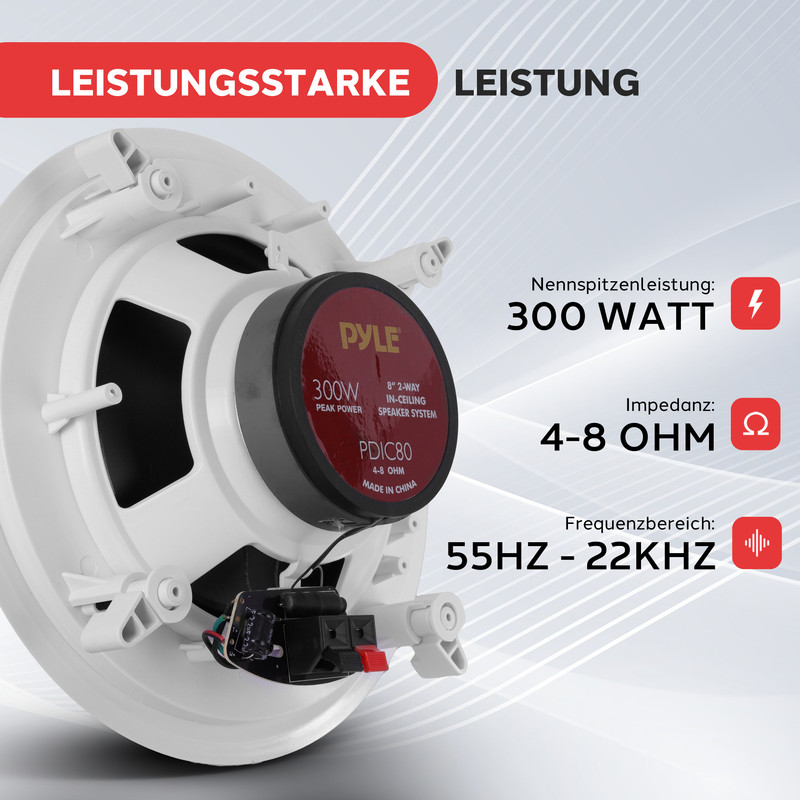 Ein weißer 8-Zoll-Deckenlautsprecher von Pyle mit schwarzem Mittelteil und technischen Daten.