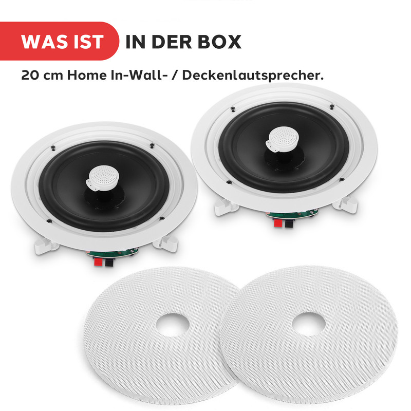 Zwei weiße Einbau-Deckenlautsprecher mit schwarzen Membranen und zwei Gittern.