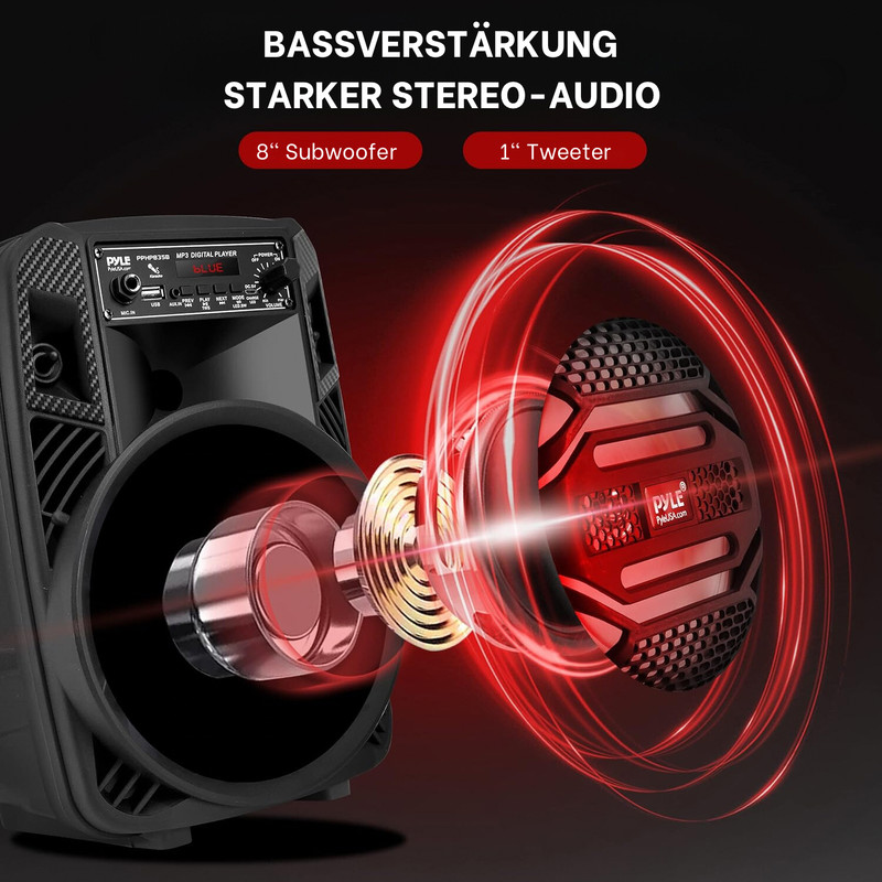 Ein schwarzer Lautsprecher mit roter Basswelle zeigt einen 8-Zoll-Subwoofer und 1-Zoll-Hochtöner.