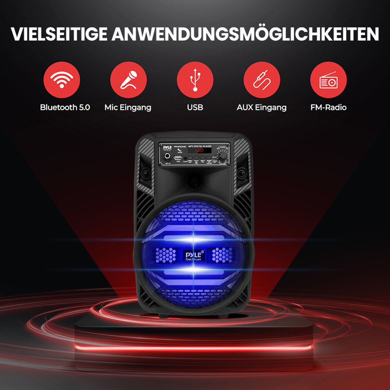 Schwarzer Lautsprecher mit blauen Lichtern, bietet Bluetooth, Mic, USB, AUX, FM.