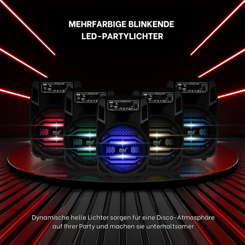 Fünf schwarze Lautsprecher mit bunten LED-Lichtern, die auf einer runden Fläche stehen.