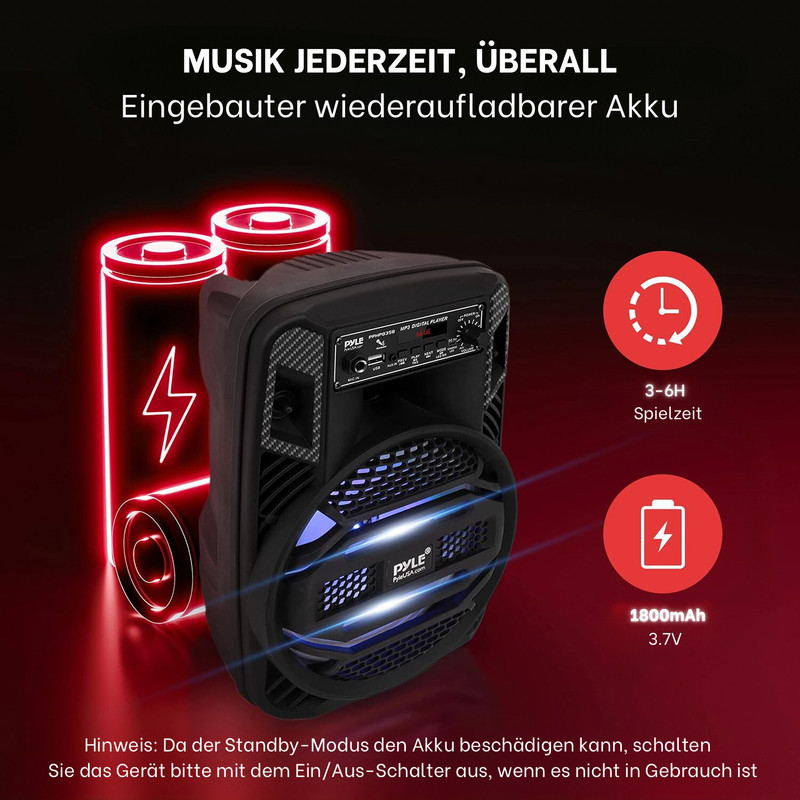 Schwarzer Lautsprecher mit zwei roten Batterien und Ladeanzeigen.