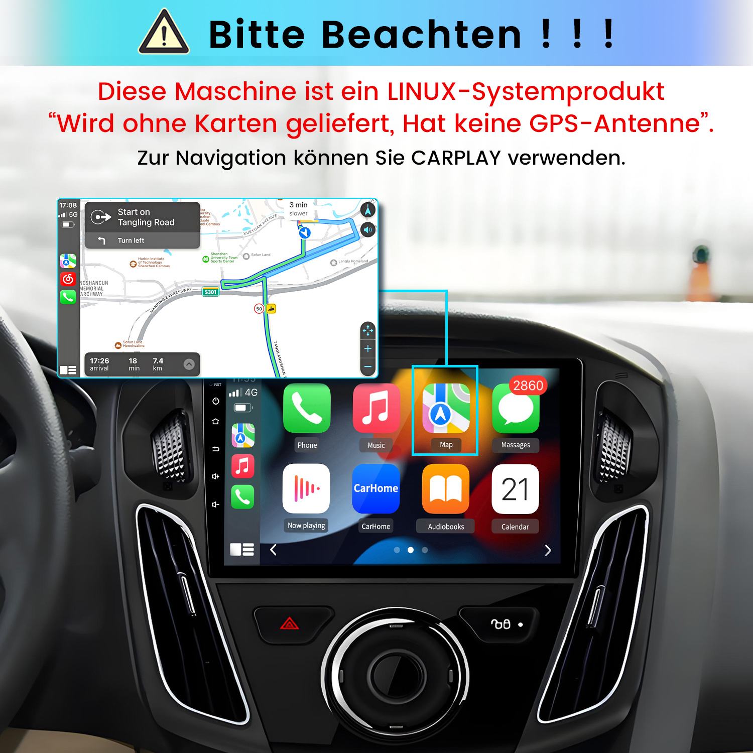 Armaturenbrett mit Navigationssystem, das eine Karte und App-Symbole anzeigt.