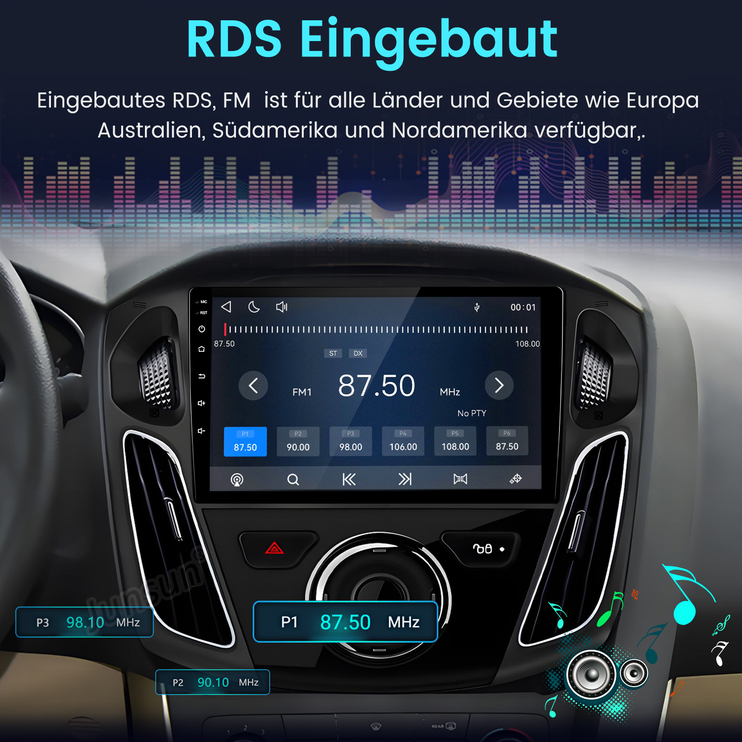 Ein Autoradio mit RDS und FM-Funktion, zeigt Frequenzen und Musik-Equalizer.