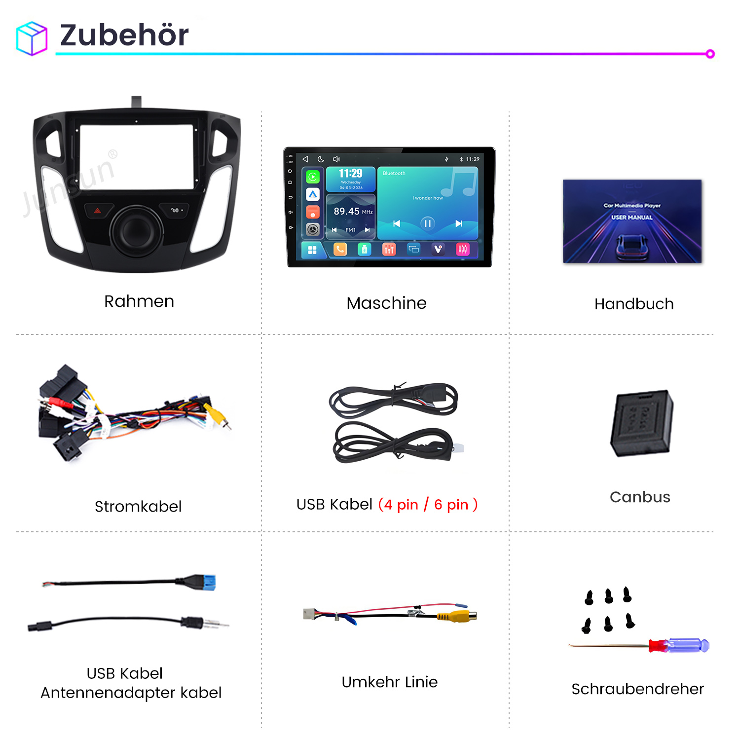 Zubehör: Rahmen, Maschine, Handbuch, Stromkabel, USB Kabel, Canbus, USB Kabel, Umkehr Linie, Schraubendreher.