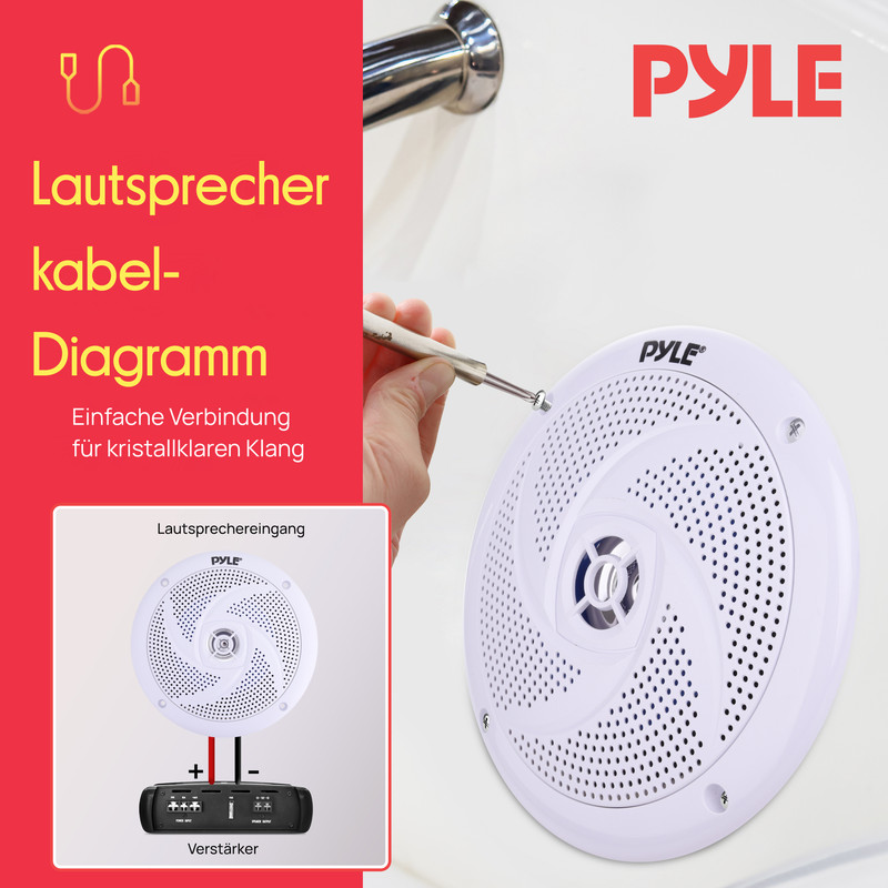 Ein weißer Lautsprecher mit Pyle-Logo wird mit einem Schraubendreher montiert. Daneben ein Diagramm.
