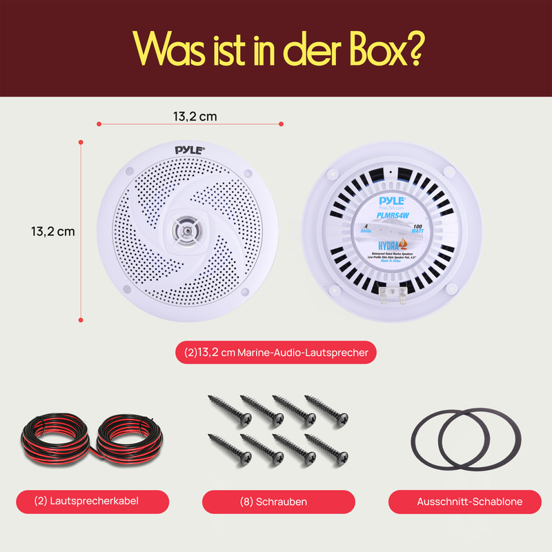 Zwei 13,2cm Marine-Lautsprecher, Lautsprecherkabel, 8 Schrauben und Schablone.