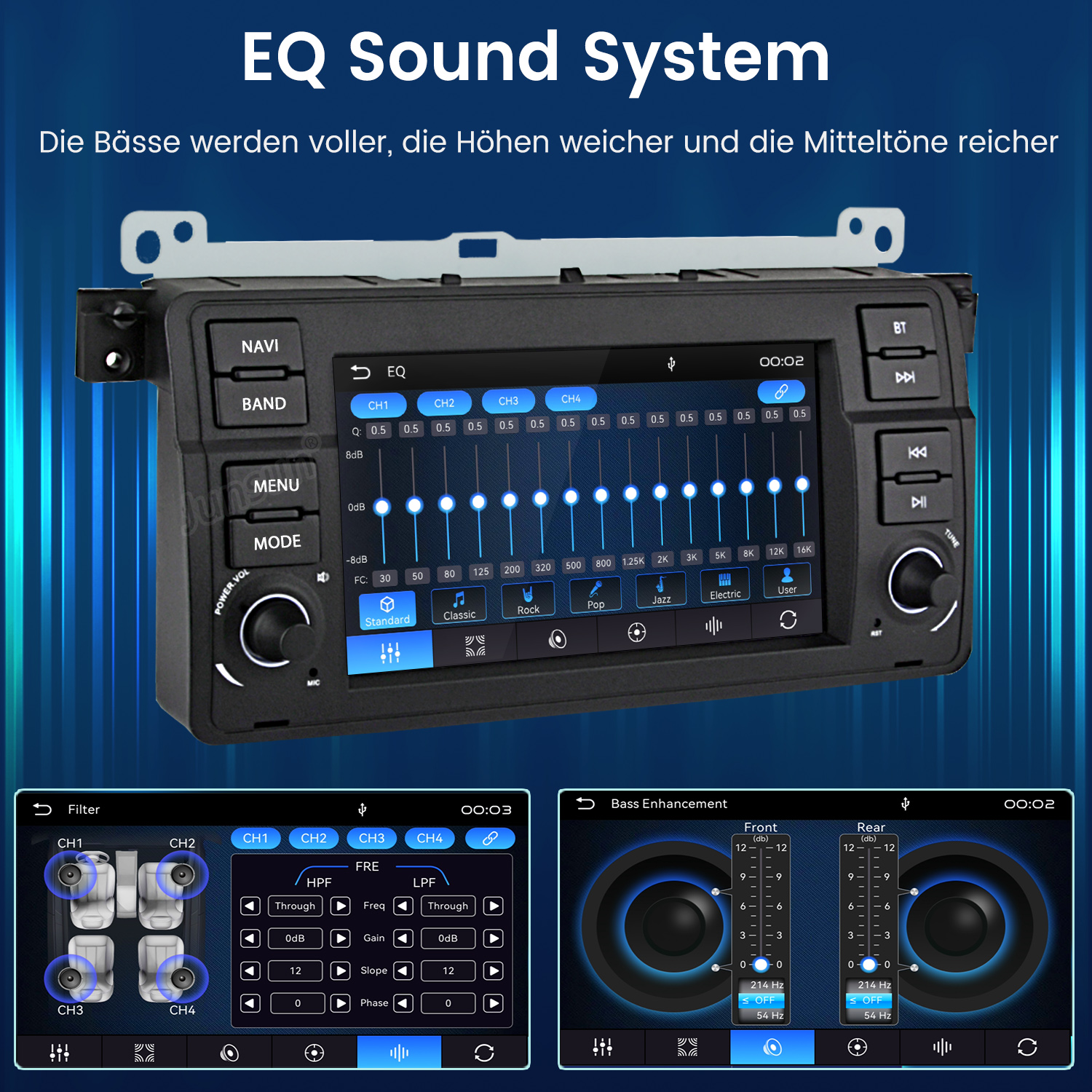Ein Autoradio mit EQ-Einstellungen, Lautsprechereinstellungen und Bassanhebung.