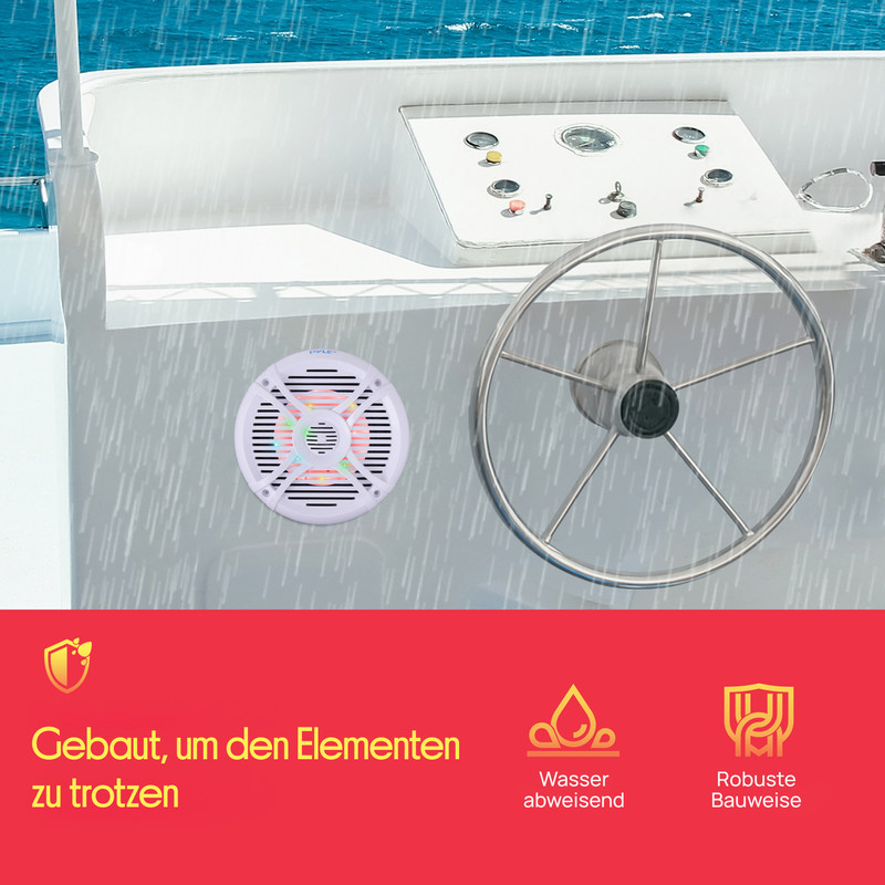Wei2er Lautsprecher mit bunten Lichtern auf einem Boot im Regen.