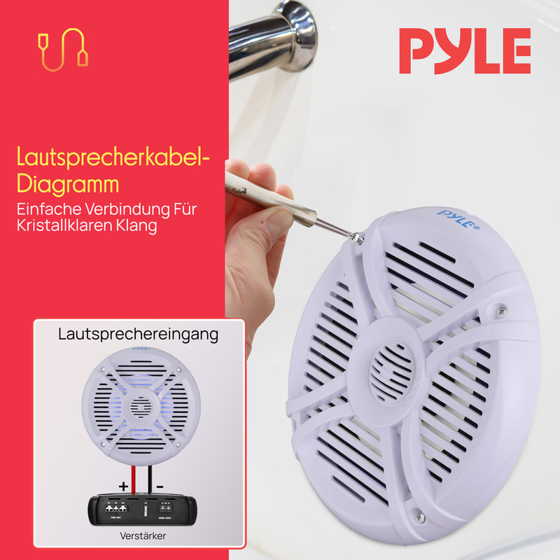 Ein Diagramm zeigt, wie ein Lautsprecher an einen Verstärker angeschlossen wird.
