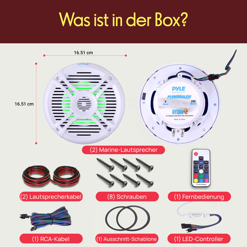 Inhalt einer Box: zwei Lautsprecher, Kabel, Schrauben, Fernbedienung, Schablone, LED-Controller.