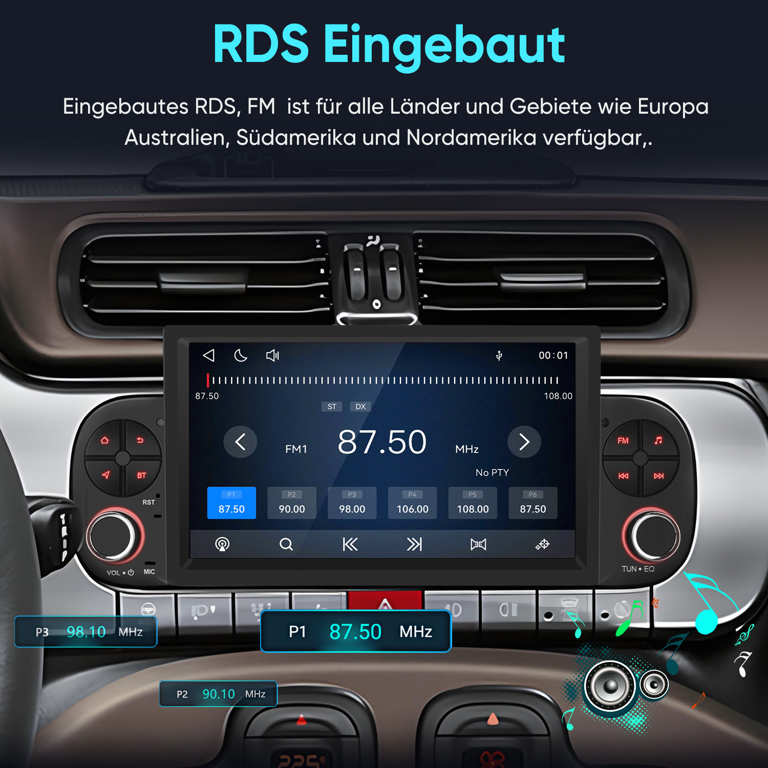 Ein Autoradio-Bildschirm zeigt FM-Sender 87.50 MHz und Speicherplätze.