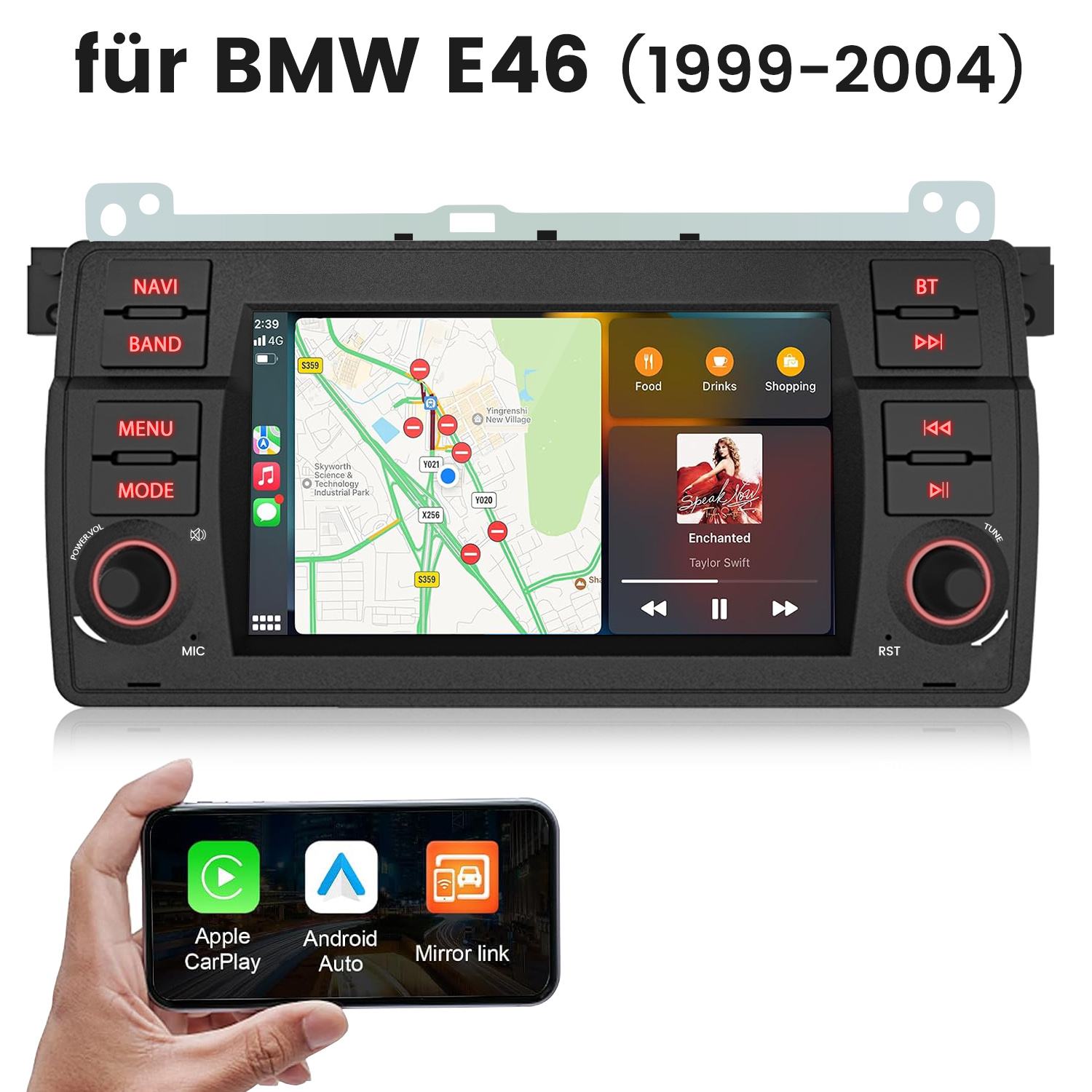 BMW E46 Infotainmentsystem mit Navigations- und Musikwiedergabe, Smartphone-Integration.