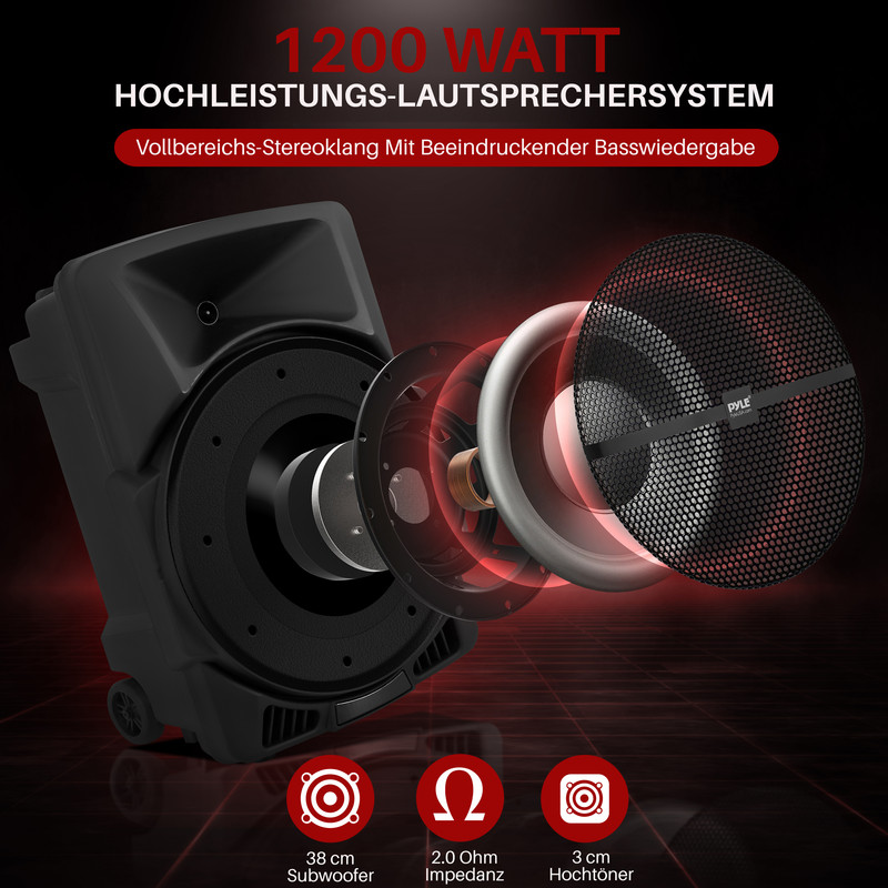 Explodierte Ansicht eines schwarzen Lautsprechers mit 38cm Subwoofer, 2.0 Ohm und 3cm Hochtöner.