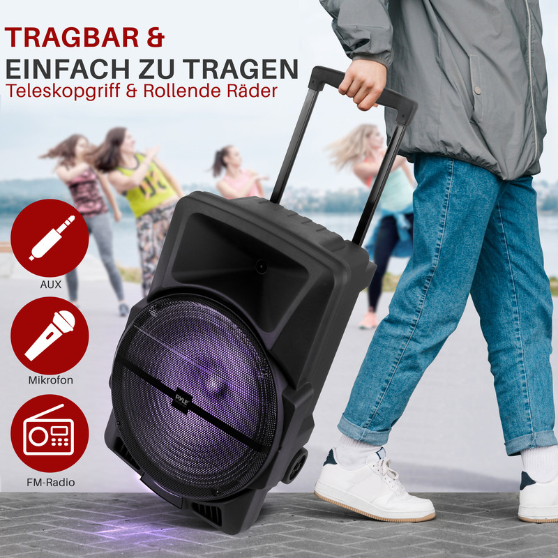 Tragbarer Lautsprecher mit Rollen und Teleskopgriff, mit AUX, Mikrofon und Radio.