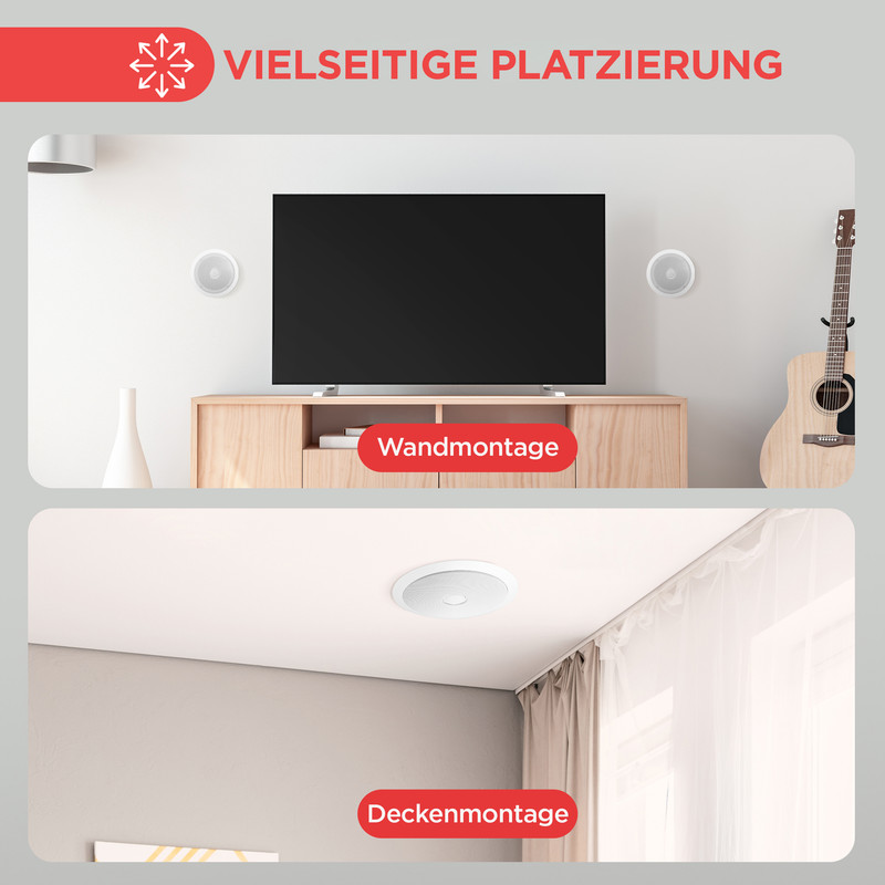 Decken- und Wandmontage von Lautsprechern neben einem Fernseher und einer Gitarre.
