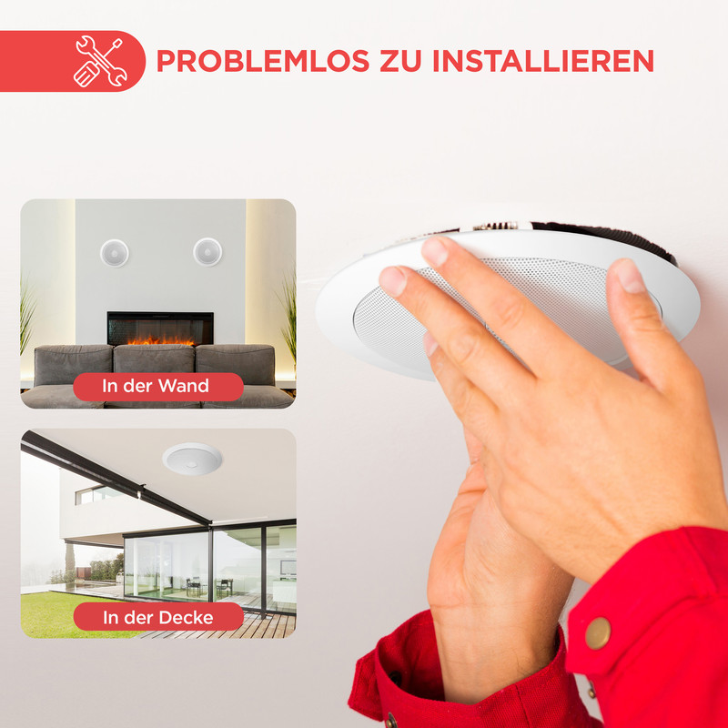 Hände installieren eine weiße Deckenlautsprecher, mit Bildern von Wand- und Deckenmontage.