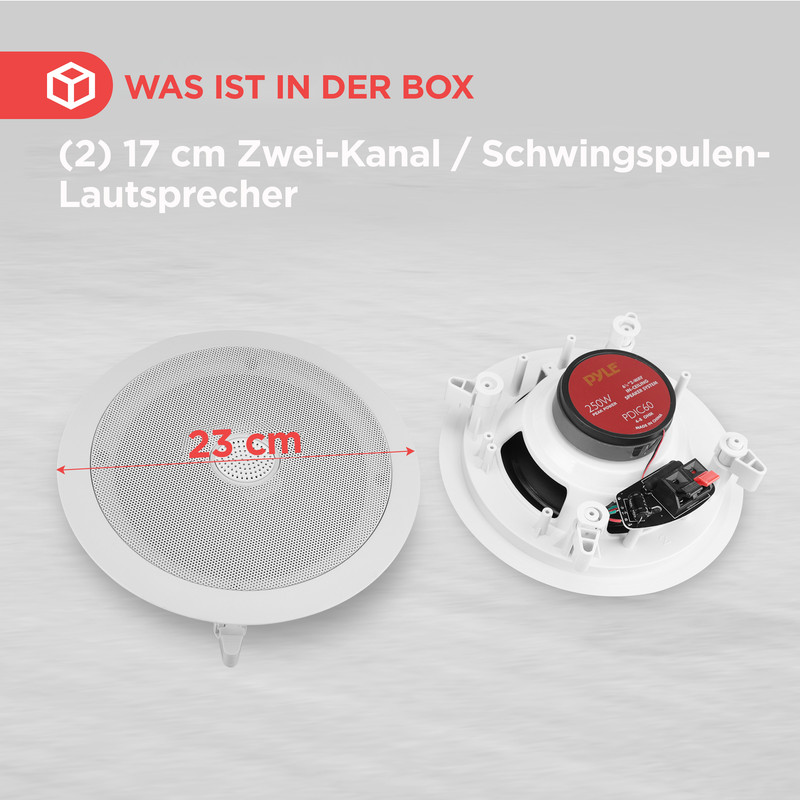 Zwei weiße Einbaulautsprecher, einer mit Gitter, 23cm Durchmesser.