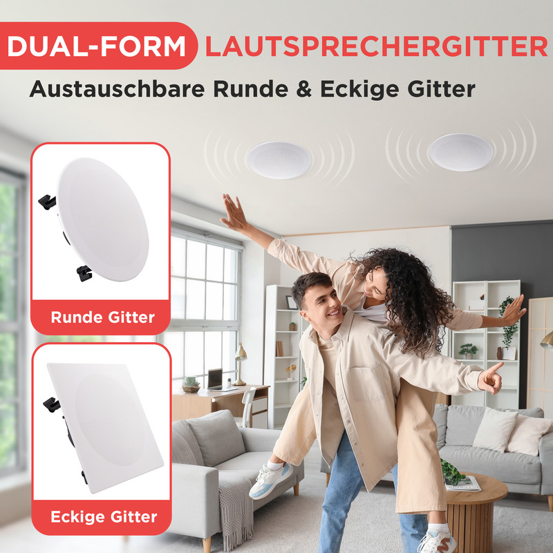 Mann trägt Frau auf dem Rücken, zwei Deckenlautsprecher über ihnen.